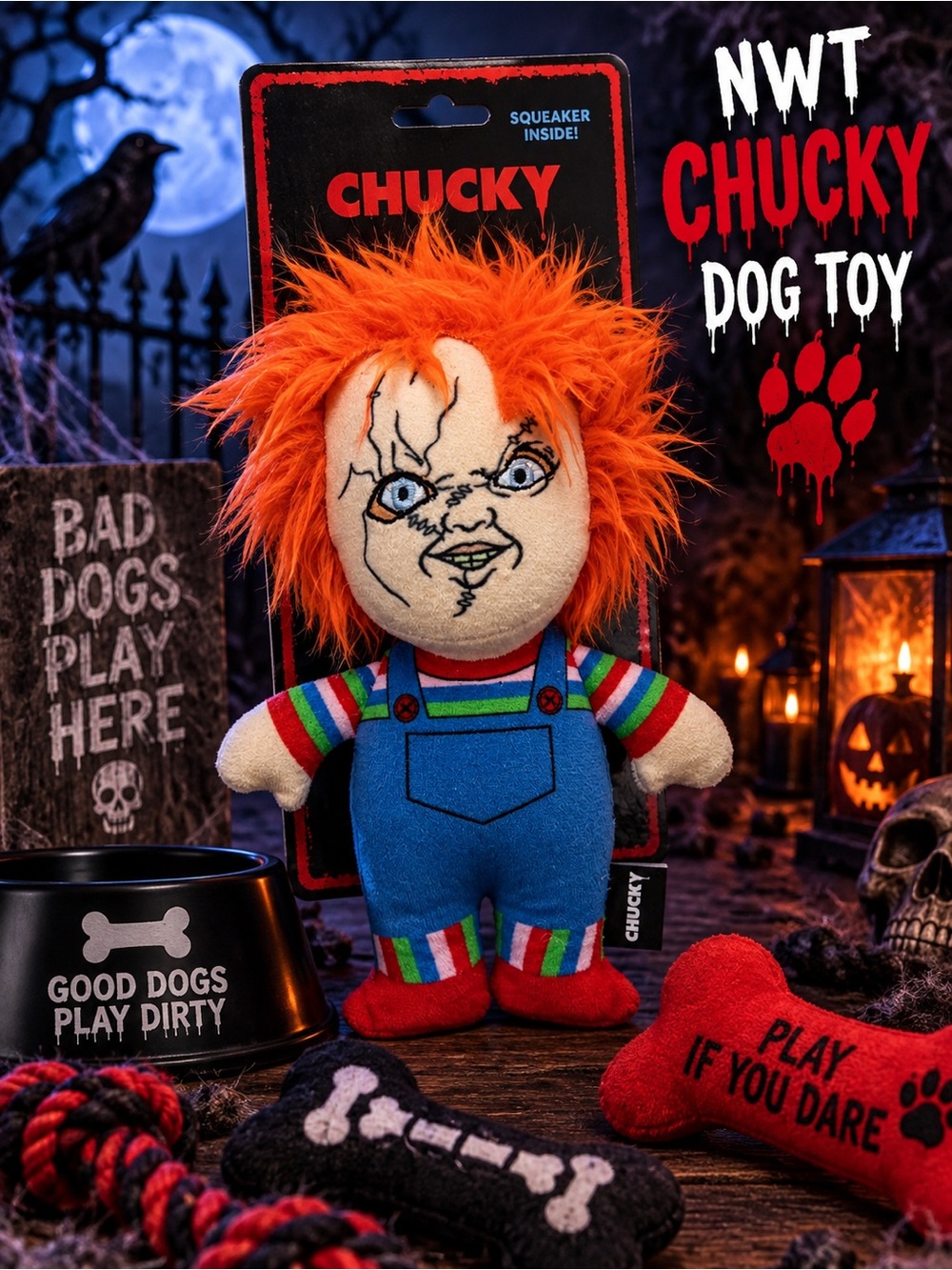 NWT Chucky Good Guys Horror Plush Squeaker Crinkle Dog Toy Halloween